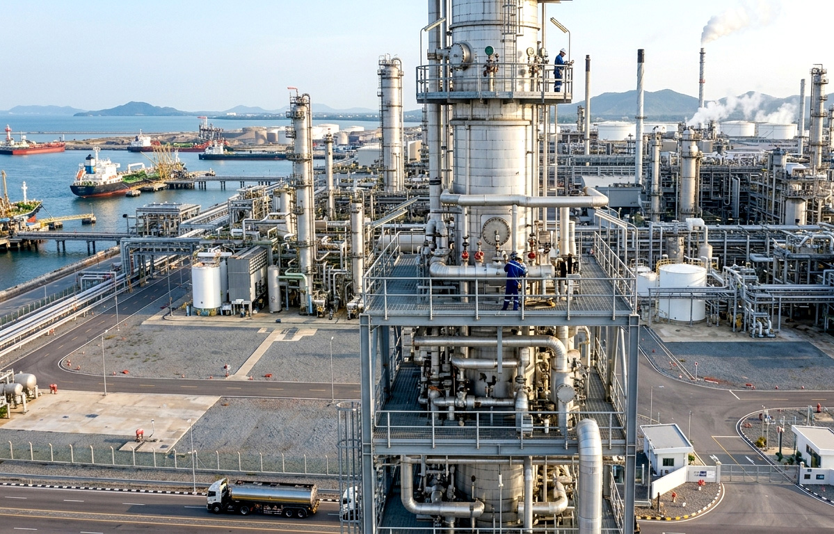 Eine große Ölraffinerie erstreckt sich entlang der Küste. Direkt davor befindet sich ein Anlegeplatz, an dem mehrere Schiffe vor Anker liegen und auf das Be- oder Entladen warten.